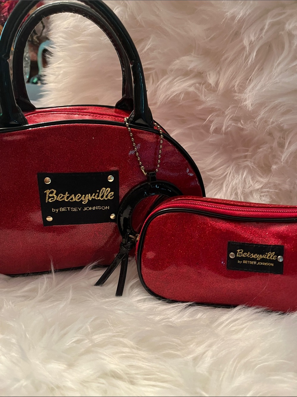 Betsey Johnson Red Sparkle Cosmetic Satchel  and Smaller Case